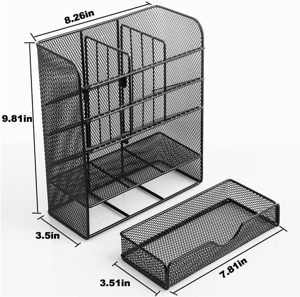 Metal Pen Organizer, Pencil Holder for Desk, Desk Organizer with Drawer for School, Home, Art Supplies (Black)