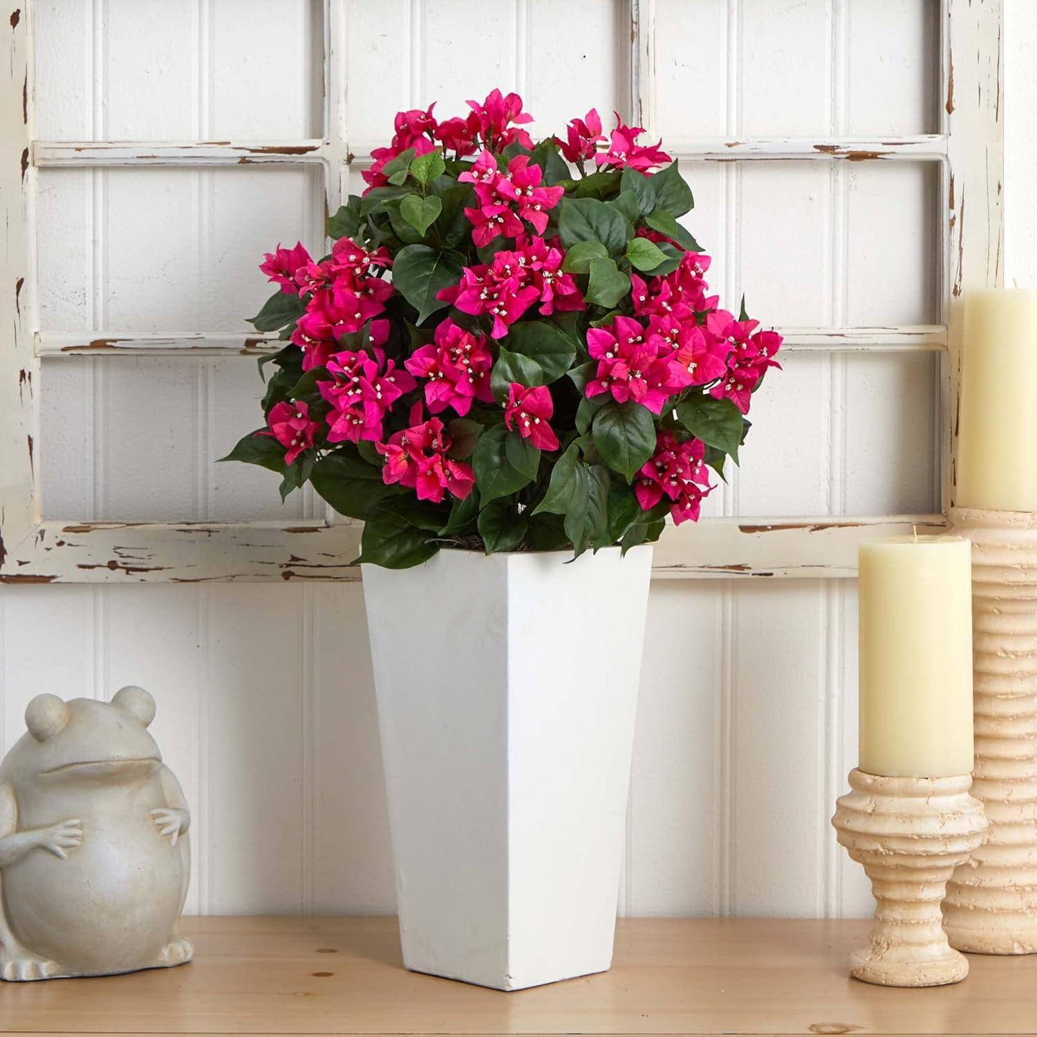 Nearly Natural 31-in Bougainvillea Artificial Plant in White Tower Planter"