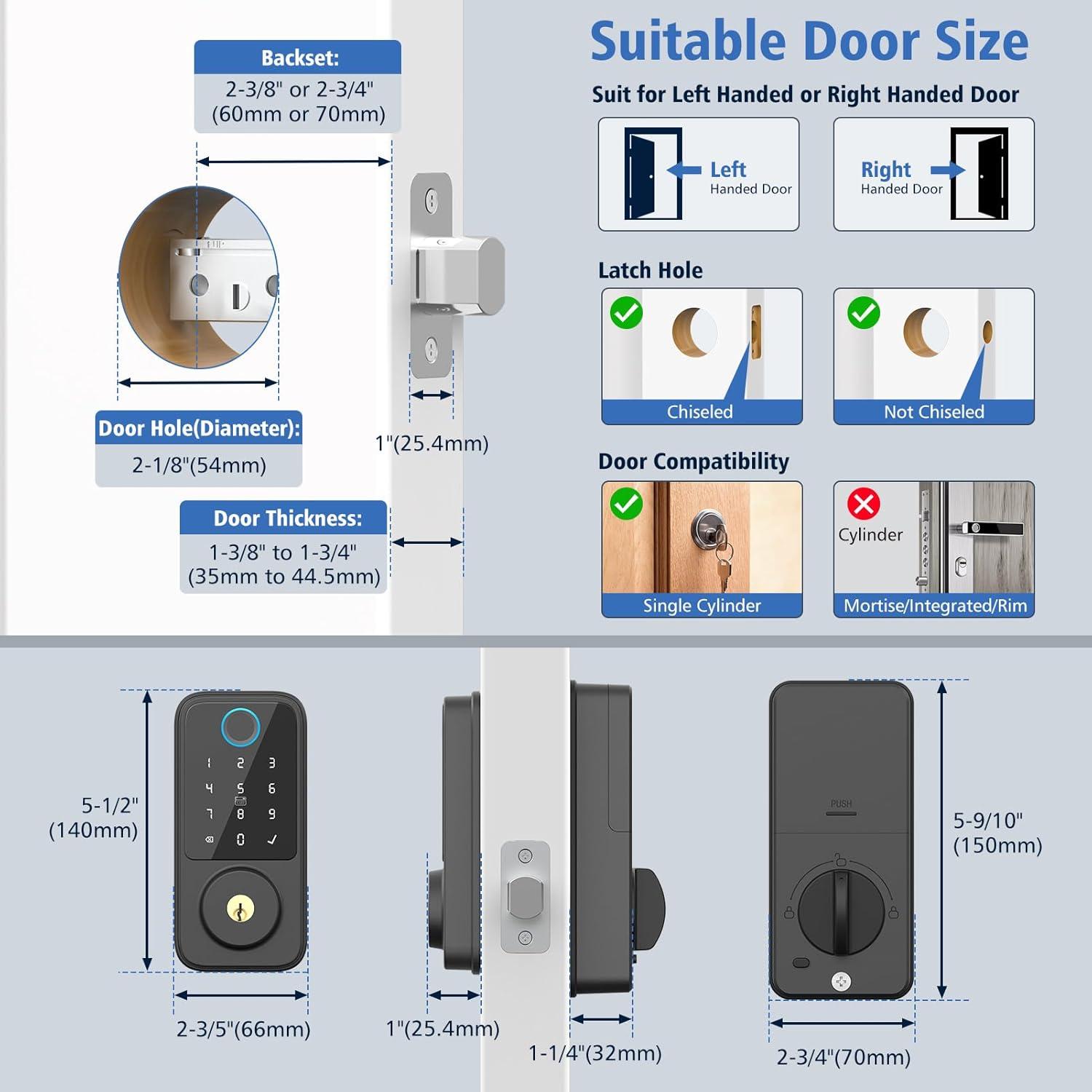 Smart Lock, Fingerprint Door Lock, Electronic Door Lock, Touchscreen Keypad Deadbolt, Black