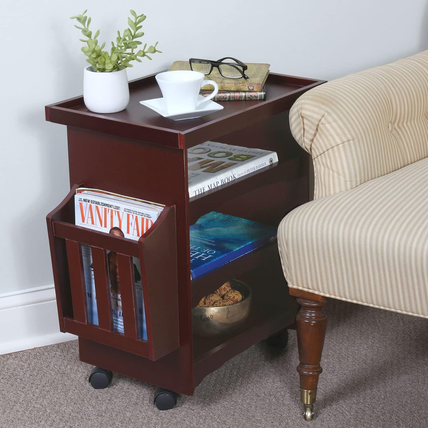 ETNA Rolling Bar Cart Multipurpose End Table with Wheels Narrow Side Table with Magazine Rack, Mahogany Wood Finish, 24" H x 21" L x 14" W