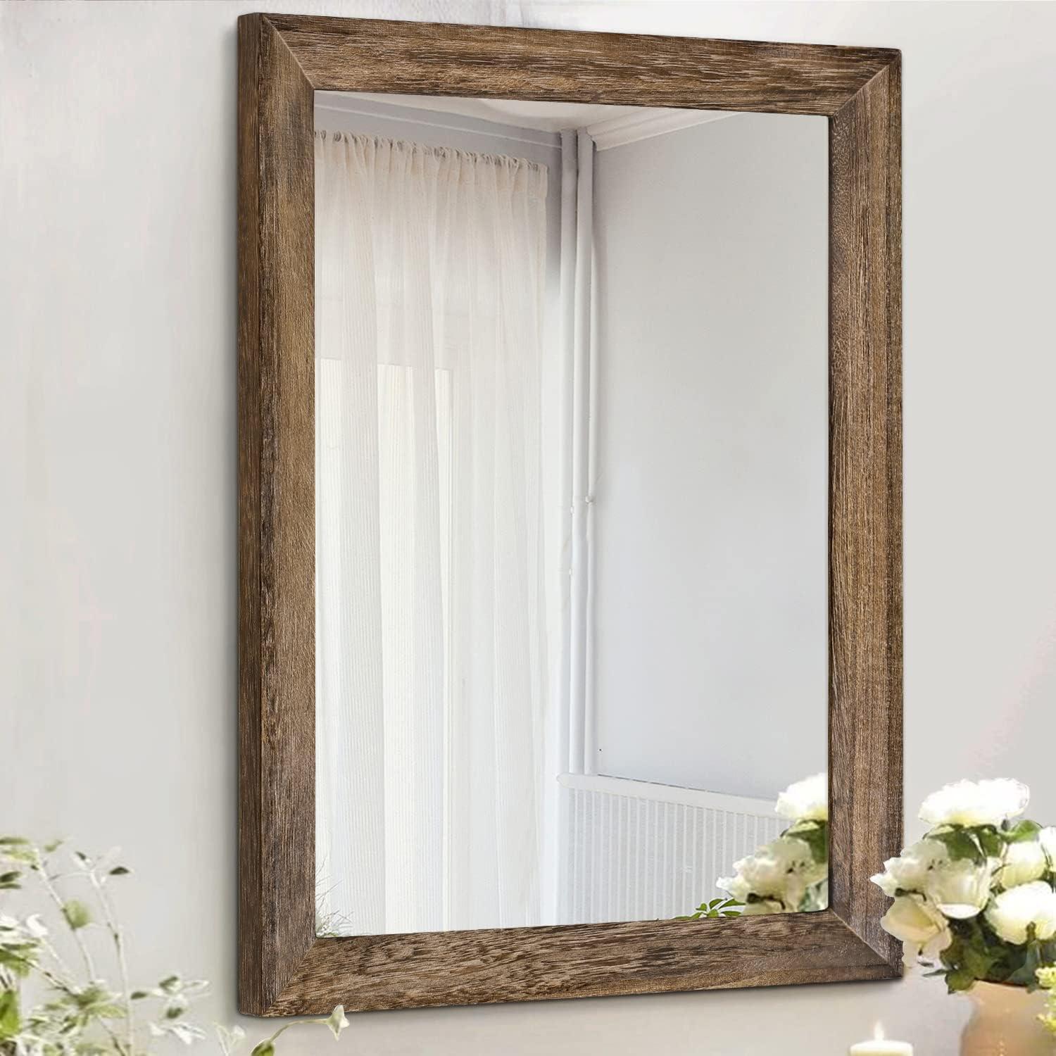 Rustic Brown Wood Rectangular Wall Mirror with Frame