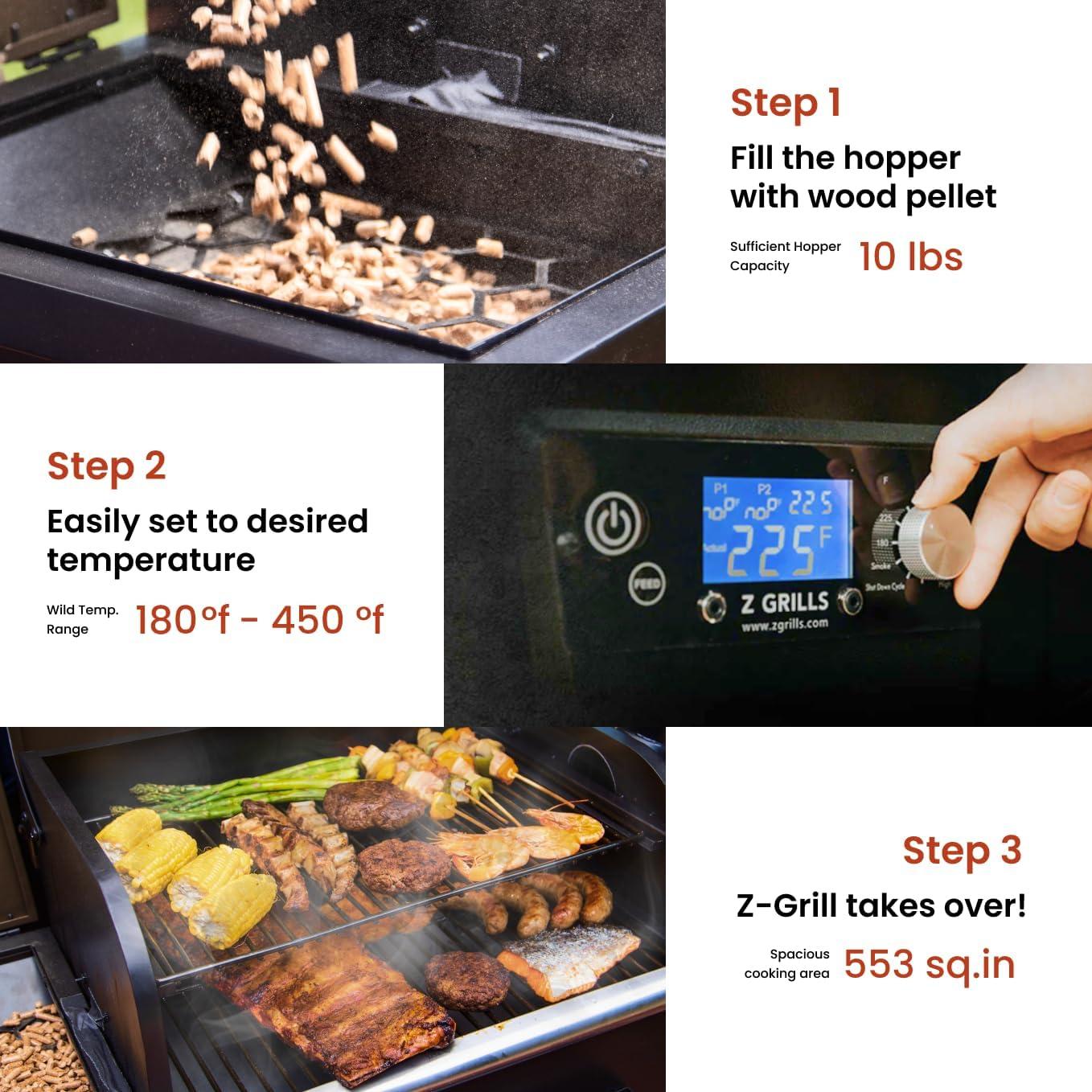 Z GRILLS ZPG 550B2 2024 Upgrade Wood Pellet Smoker, 8 in 1 BBQ Grill with Latest PID Technology LCD Controller, Auto Temperature Control, Meat Probe, 553 sq in Black