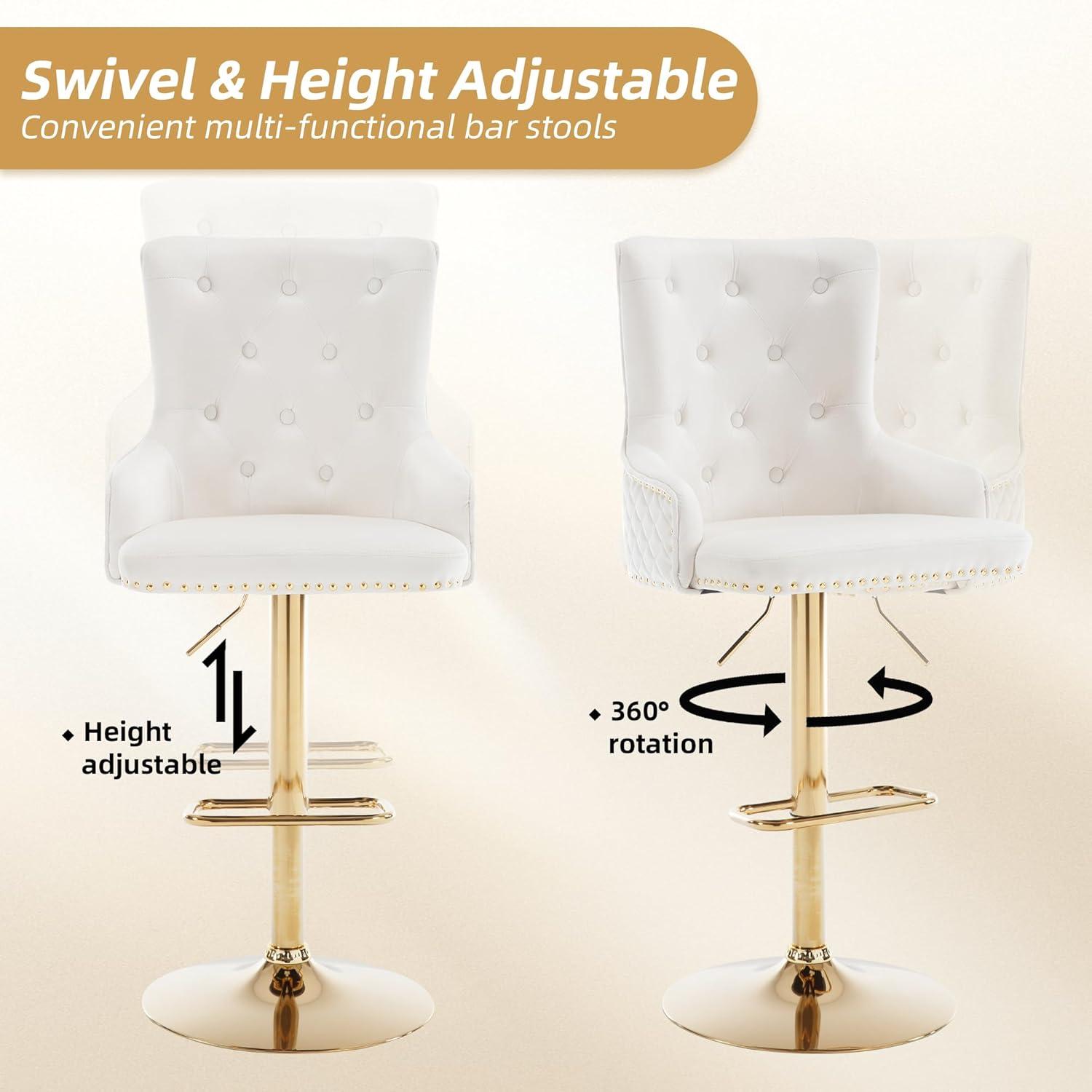 Bar Stools Set of 2, Swivel Barstools with Nailheads Trim, Velvet Button Tufted Back and Golden Footrest, Adjustable Counter Height Bar Stools for Kitchen Counter,Home Bar,Pub, Beige