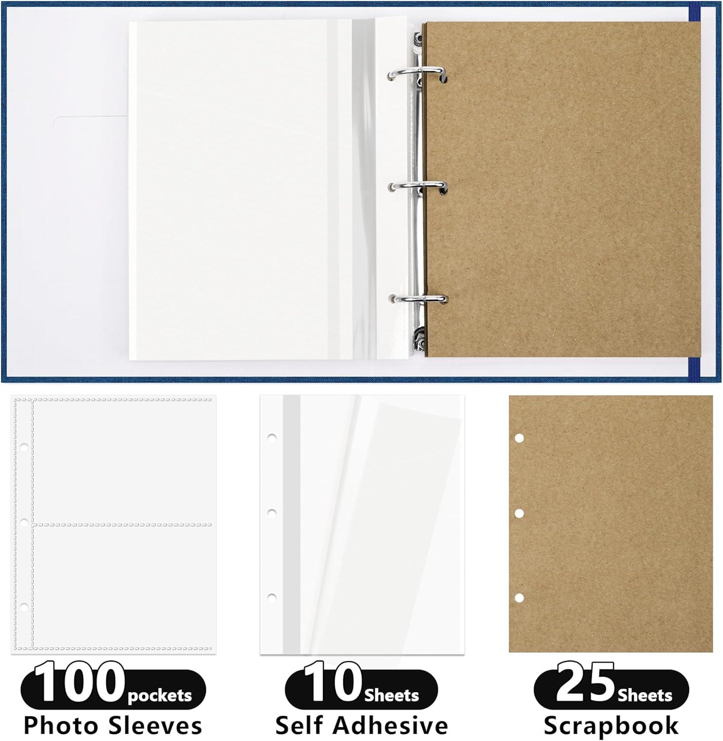 QUALITY FLOORING INC. Photo Album 4X6 100 Pockets, Linen Scrapbook Photo Album, 3 Ring Binder Album With 50 Scrapbook Pages, And 20 Self-Adhesive Pages, Travel Family Wedding