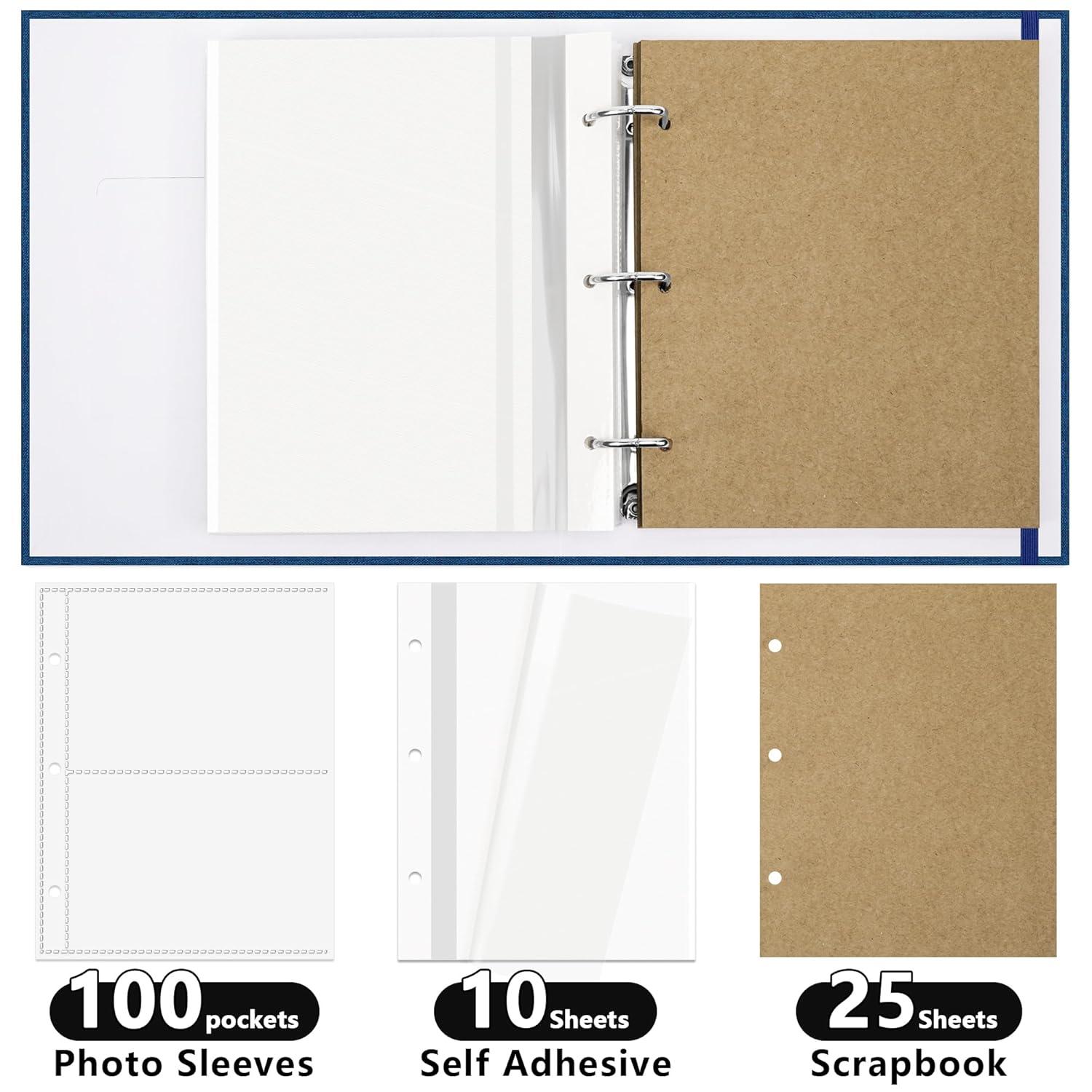 QUALITY FLOORING INC. Photo Album 4X6 100 Pockets, Linen Scrapbook Photo Album, 3 Ring Binder Album With 50 Scrapbook Pages, And 20 Self-Adhesive Pages, Travel Family Wedding
