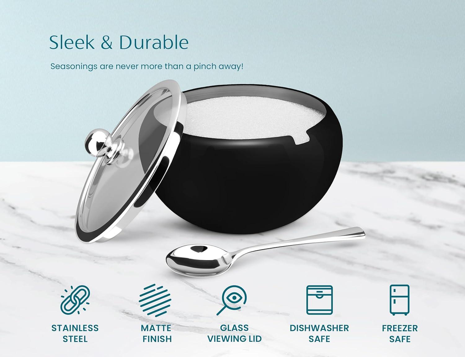 Kook Large Stainless Steel Sugar Bowl and Spoon, Glass Lid, 16 oz, Black