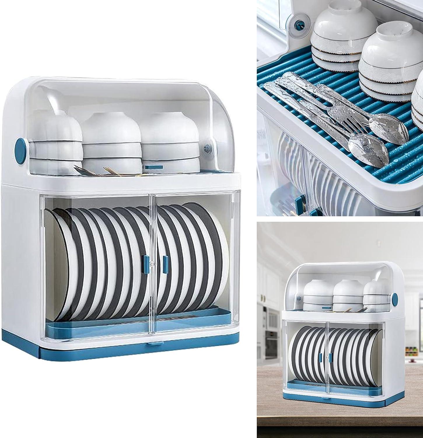 White and Blue 2-Tier Metal Dish Drying Rack with Lid