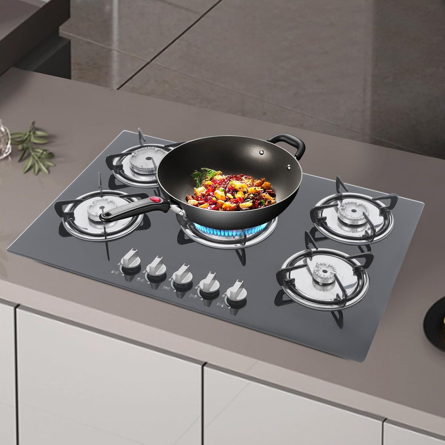 30"  Gas Stove Cooktop, 5 Burners Built-in Tempered Glass LPG/NG Stove with Flameout Protection for Kitchen Black