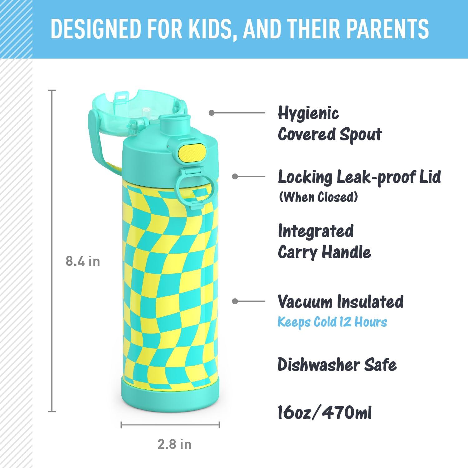 Thermos 16oz Stainless Steel FUNtainer Water Bottle with Bail Handle - Teal Checkers