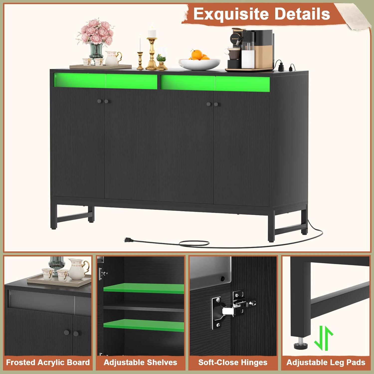 Black MDF Sideboard Buffet Cabinet with LED Light and Power Outlet