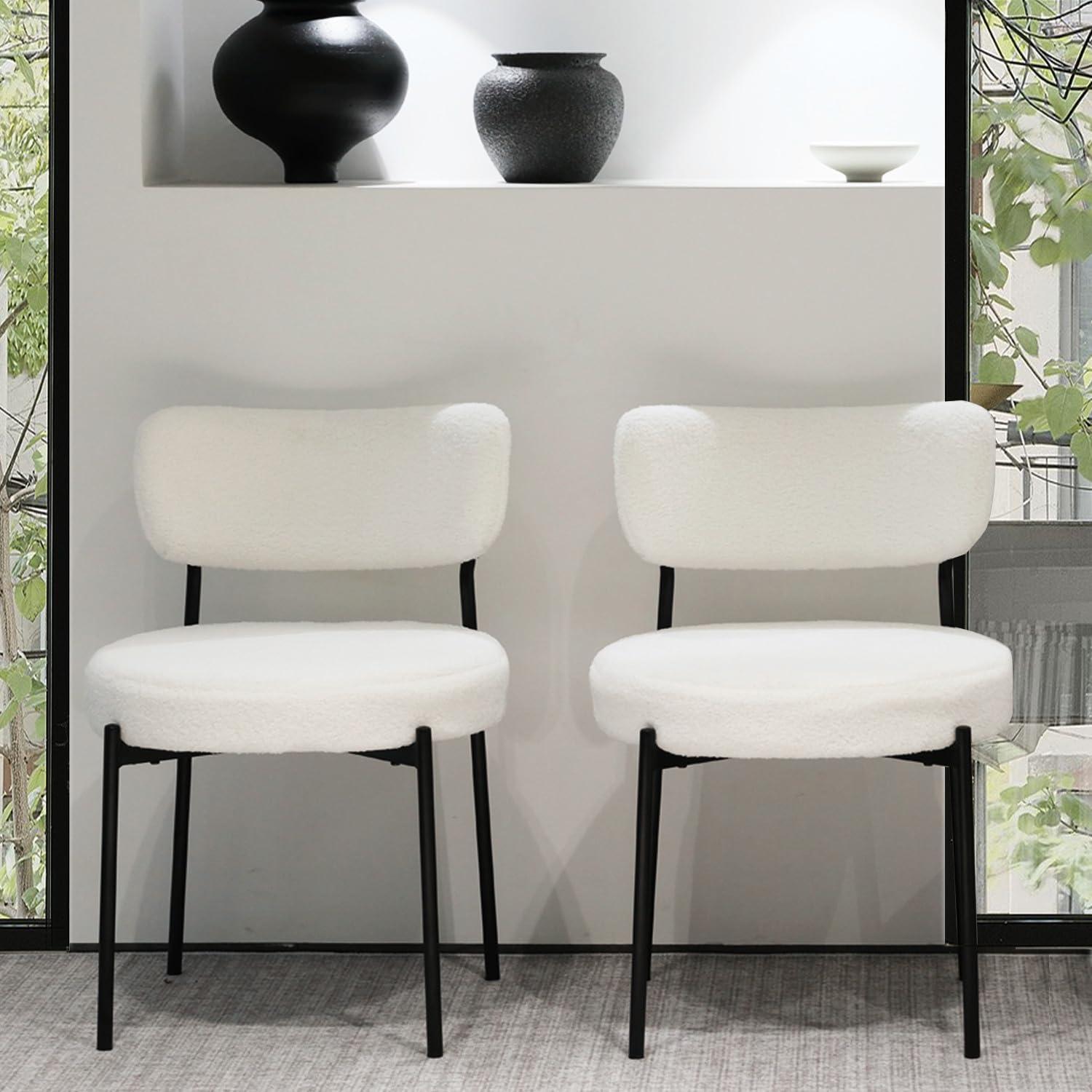 White Dining Chairs Set of 2, Boucle Dining Chairs, Upholstered Kitchen and Dining Room Chairs, Mid-Century Modern Dining Chairs with Black Metal Legs