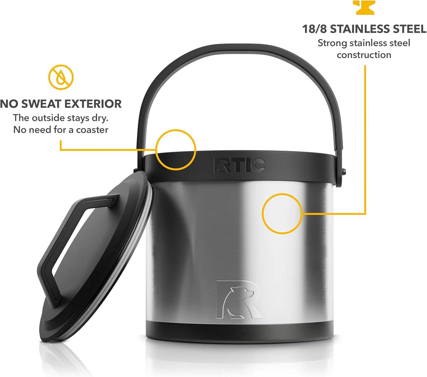 RTIC Insulated Ice Bucket with Lid, Stainless Steel, Holds 3L of Ice Cold up to 24 Hours, Sweat-Free