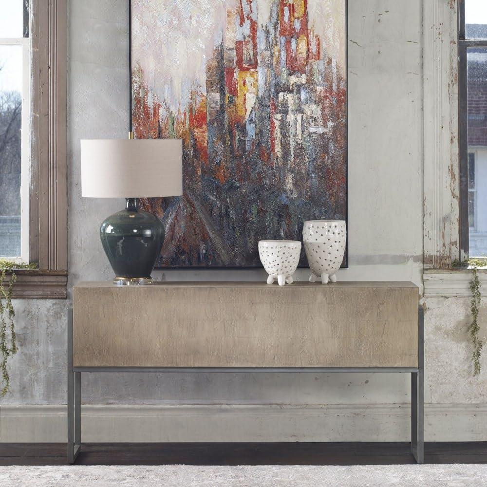 Uttermost Farmhouse Rustic Light Oatmeal Wood Rectangular Console Table 60" x 12" Brown Aged Iron Legs for Living Room Bedroom