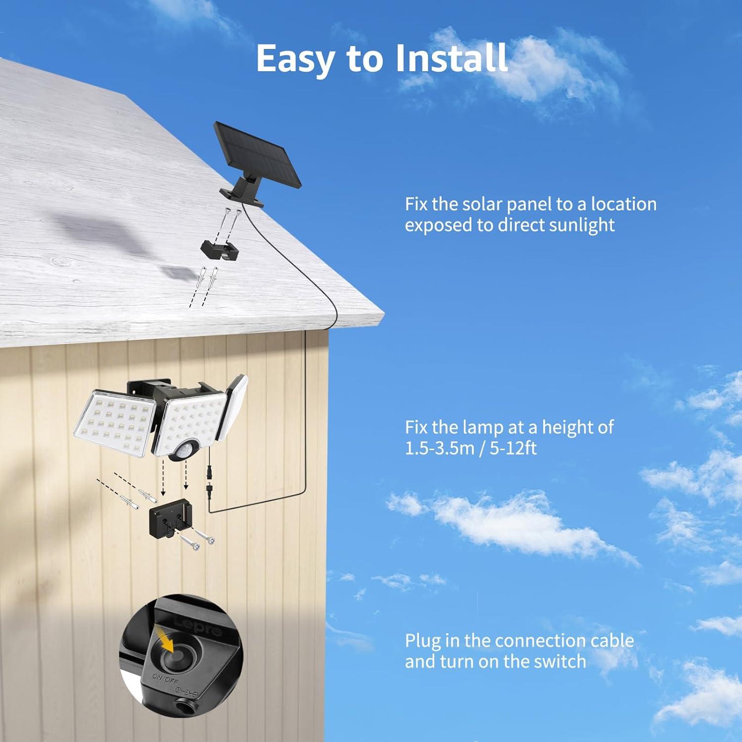 Lepro Solar Lights for Outside, WL5000 Motion Activated Security Lights, Separate Solar Panel, 3 Adjustable Head 270° Wide Lighting Angle, IP65 Waterproof Wall Lamp for Porch Yard Garage