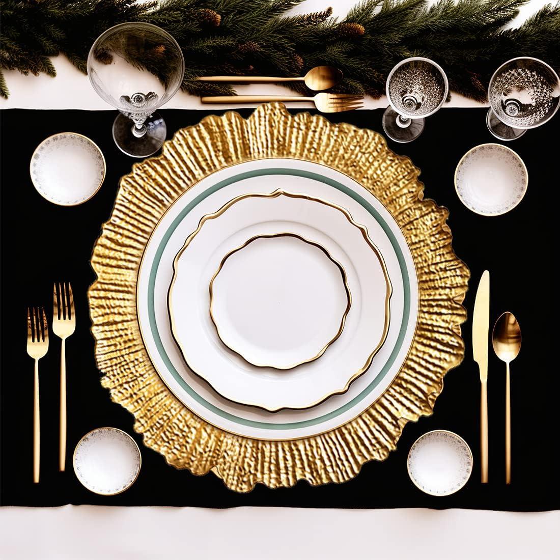 Gold Charger Plates Set - 13” Vintage Plastic Dinnerware Set - Reusable Elegant Serving Plates for Parties, Weddings and Events 6 Pack