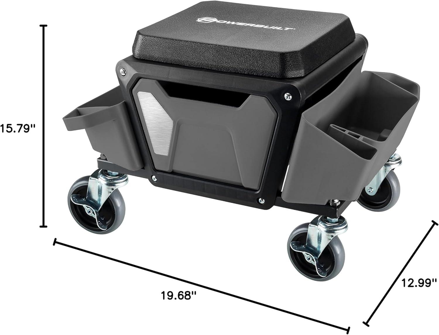Powerbuilt Rolling Utility Seat with Side Trays and Drawer