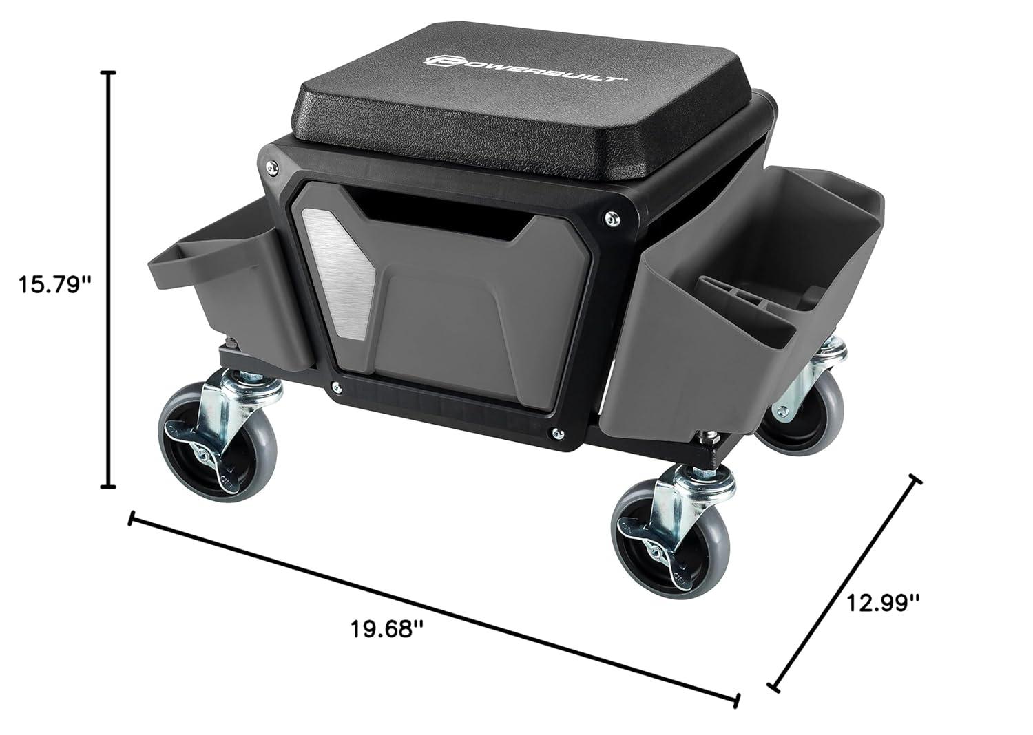 Powerbuilt Rolling Utility Seat with Side Trays and Drawer
