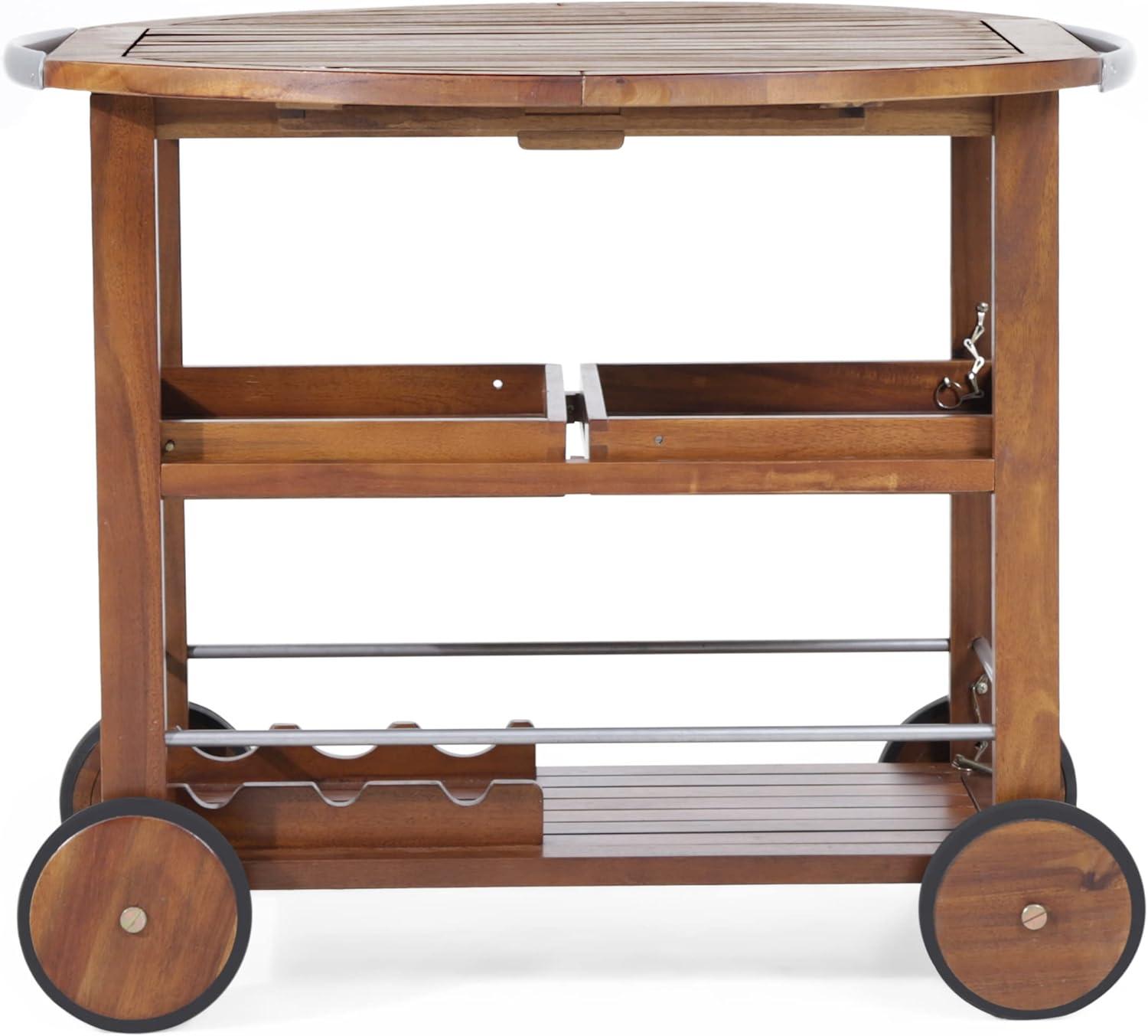 Modern Industrial Dark Oak Acacia Wood Bar Cart with Drop Leaf and Wine Rack