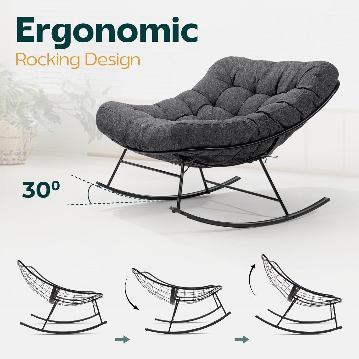 Bme Patio Rocking Chair Outdoor and Indoor, Modern Metal Lounge Rocker with Thick 7'' Cushion, 400lbs Capacity, Ergonomic Design, Easy Assembly, Grey Cushion - Black Matte Rocker