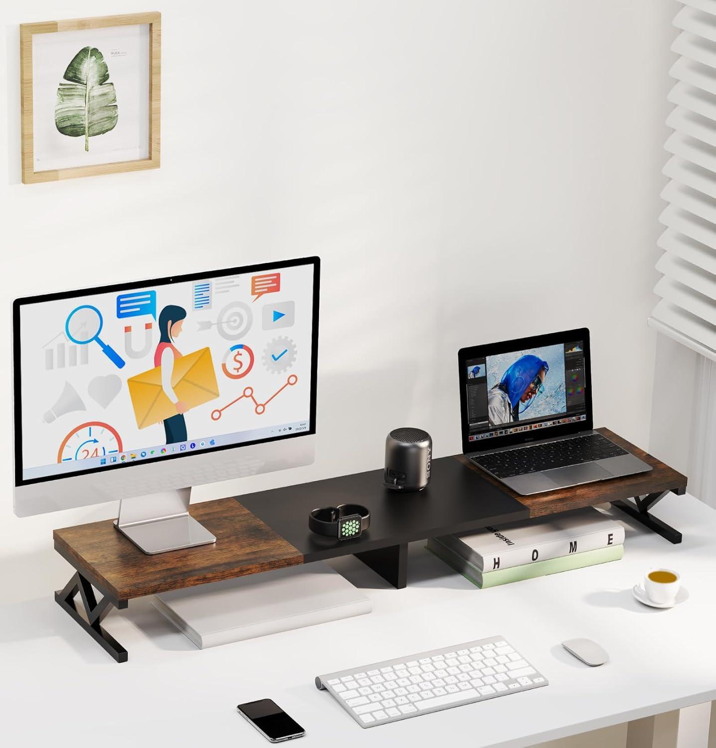 Large Rustic Brown and Black Wood Dual Monitor Stand with Storage