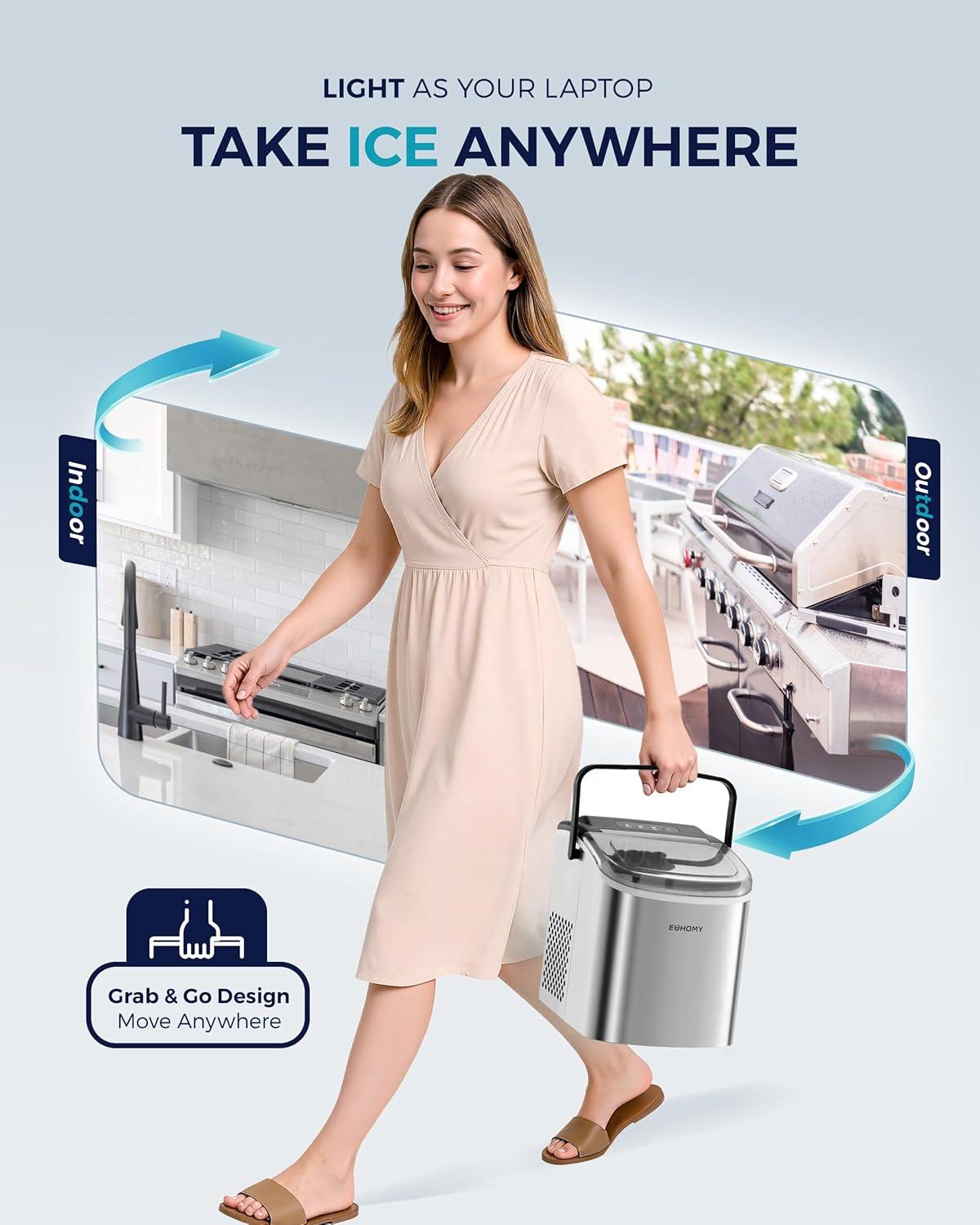 Ice Maker Countertop with Handle, 26lbs in 24Hrs, 9 Ice Cubes Ready in 6 Mins, Auto-Cleaning Portable Ice Maker with Basket and Scoop, for Home/Kitchen/Camping/RV. (2024 New Silver) Utensils