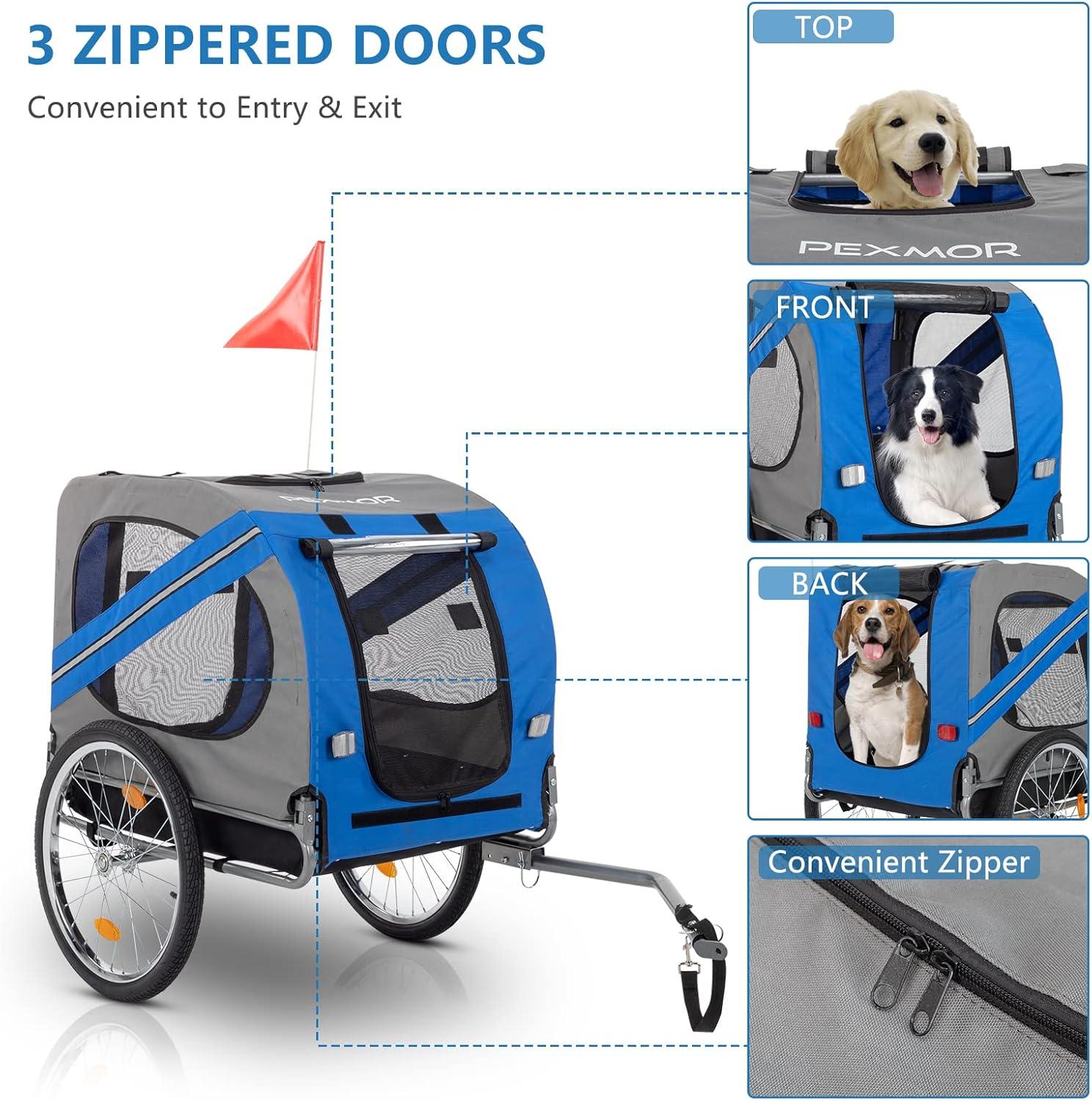 PEXMOR Dog Bike Trailer,Dog Trailer Pet Cart for Bicycle w/Universal Hitch & Quick Release 20" Wheels, Folding Bike Wagon Cargo Carrier for Dog Large Capacity w/3 Entrances & Safety Reflectors Flag