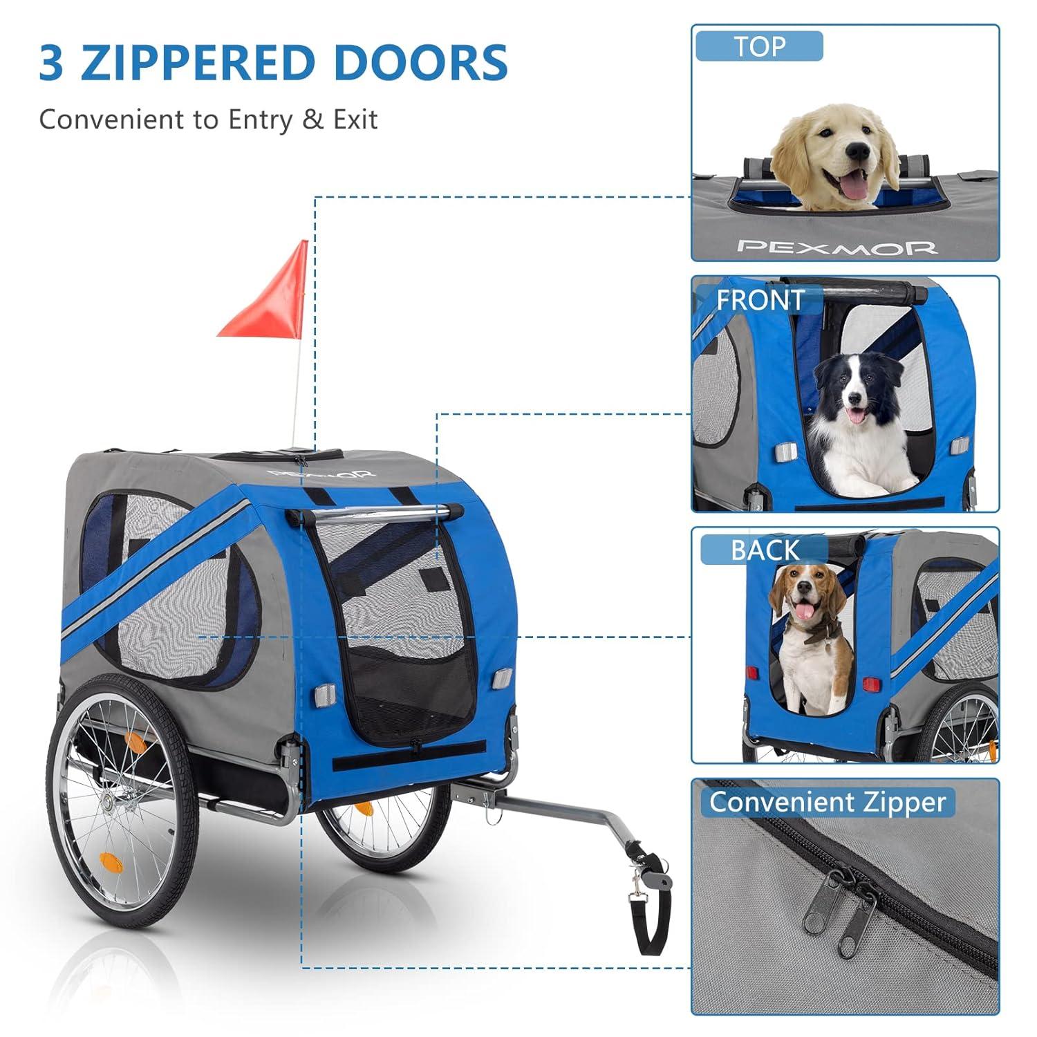 PEXMOR Dog Bike Trailer,Dog Trailer Pet Cart for Bicycle w/Universal Hitch & Quick Release 20" Wheels, Folding Bike Wagon Cargo Carrier for Dog Large Capacity w/3 Entrances & Safety Reflectors Flag