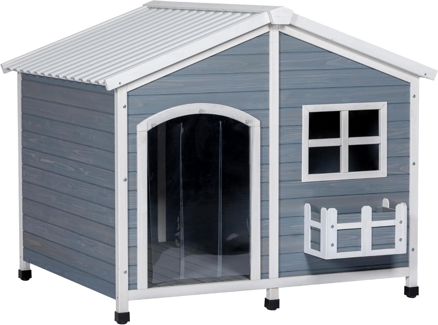 Petsfit 47" Dog House Outdoor with Waterproof PVC Roof, Extra Large Dog House for 2 Medium Dogs, Dog House Outdoor Large Breed, XXL Dog Houses with Window, Gray