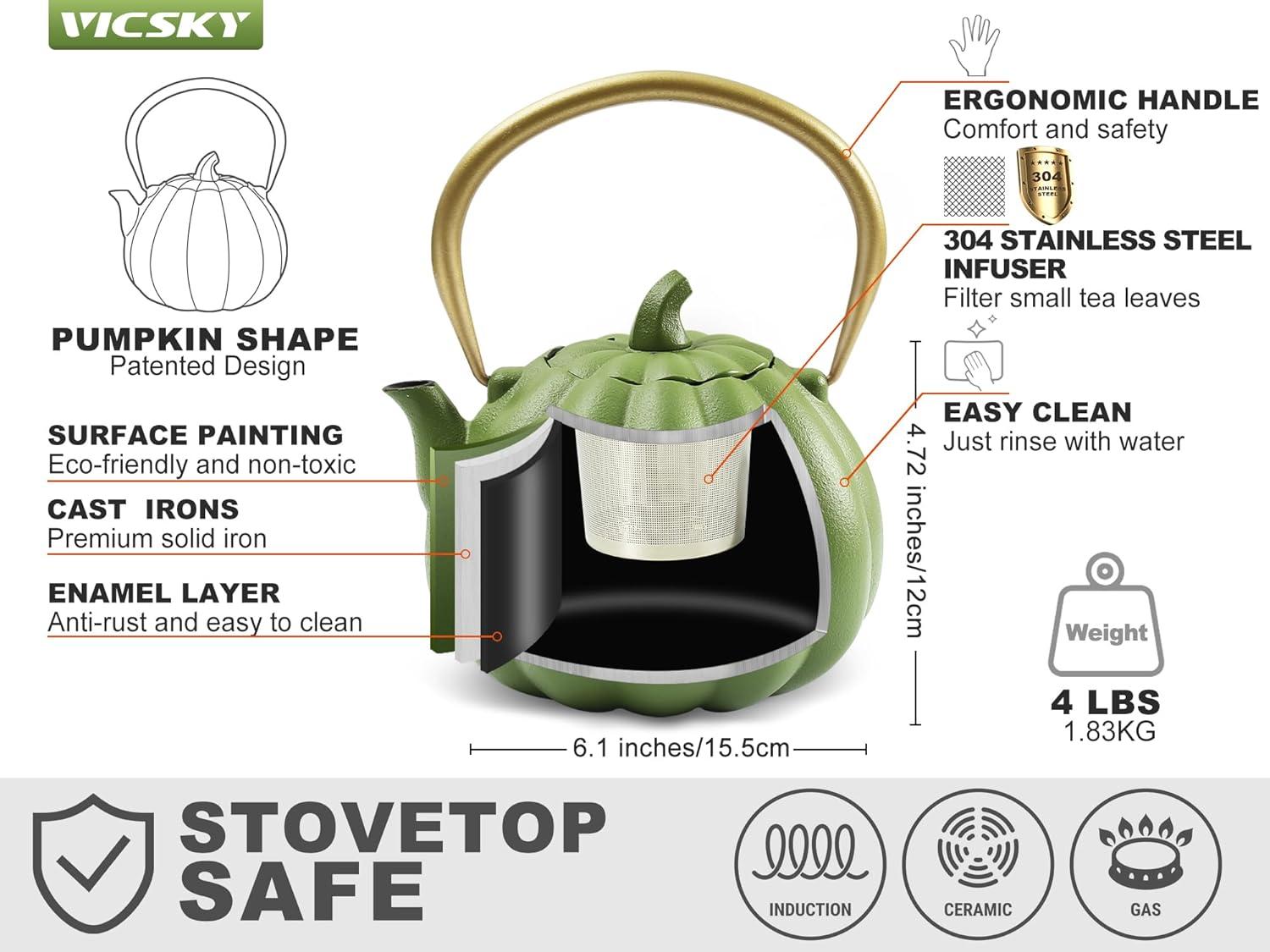 Ophelia & Co. Orange Pumpkin Cast Iron Teapot, Natural Pumpkin Color, Japanese Cast Iron Tea Kettle Stovetop Safe With Infuser, Creative Pumpkin Halloween Teapot(40Oz/1200Ml, Orange)