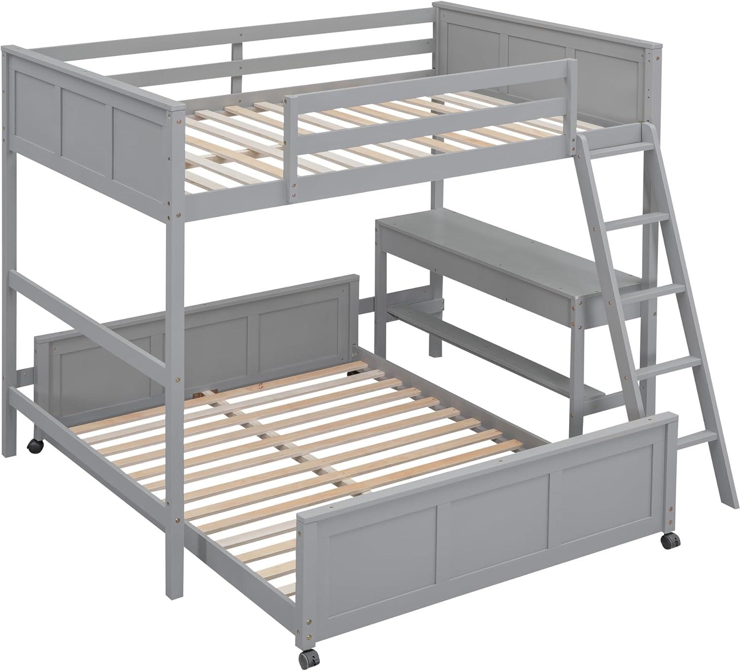 Gray Full Over Full Pine Wood Bunk Bed with Desk and Drawers