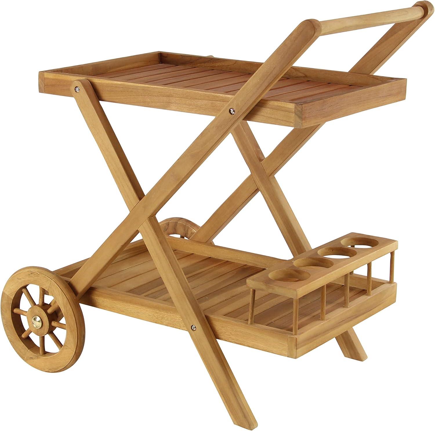 DecMode 32" x 32" Brown Teak Wood Indoor Outdoor Rolling 2 Shelves Bar Cart with Wheels and Handle, 1-Piece