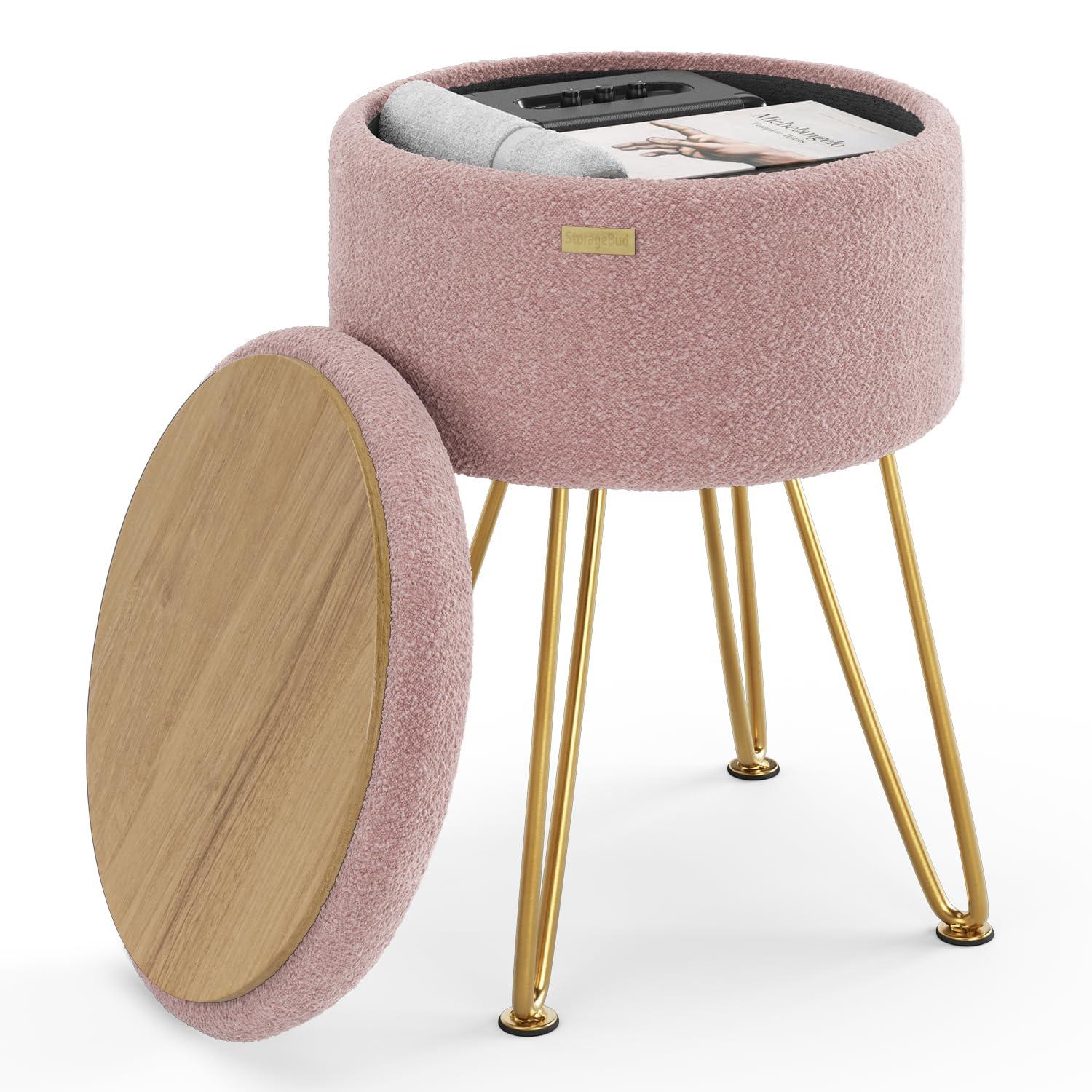 StorageBud Round Ottoman with Storage, Boucle Storage Ottoman, Modern Foot Stool Ottoman for Living Room and Bedroom, Pink/Gold Legs