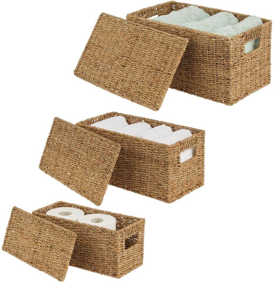 mDesign Woven Seagrass Home Storage Basket with Lid, Set of 3