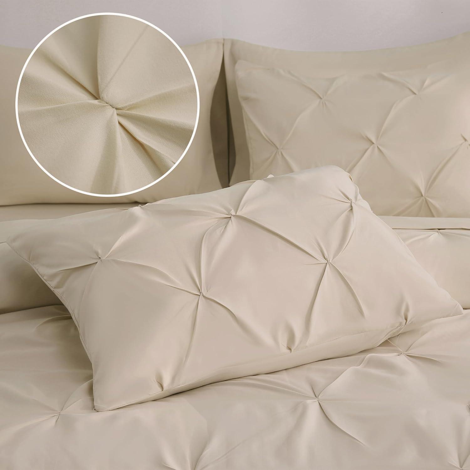 CozyLux Beige Comforter Set Queen 7 Pieces Bed in A Bag Cream Off White Pintuck Comforters Queen Size Pinch Pleat Bedding Sets with All Season Comforter, Flat Sheet, Fitted Sheet and Pillowcases&Shams