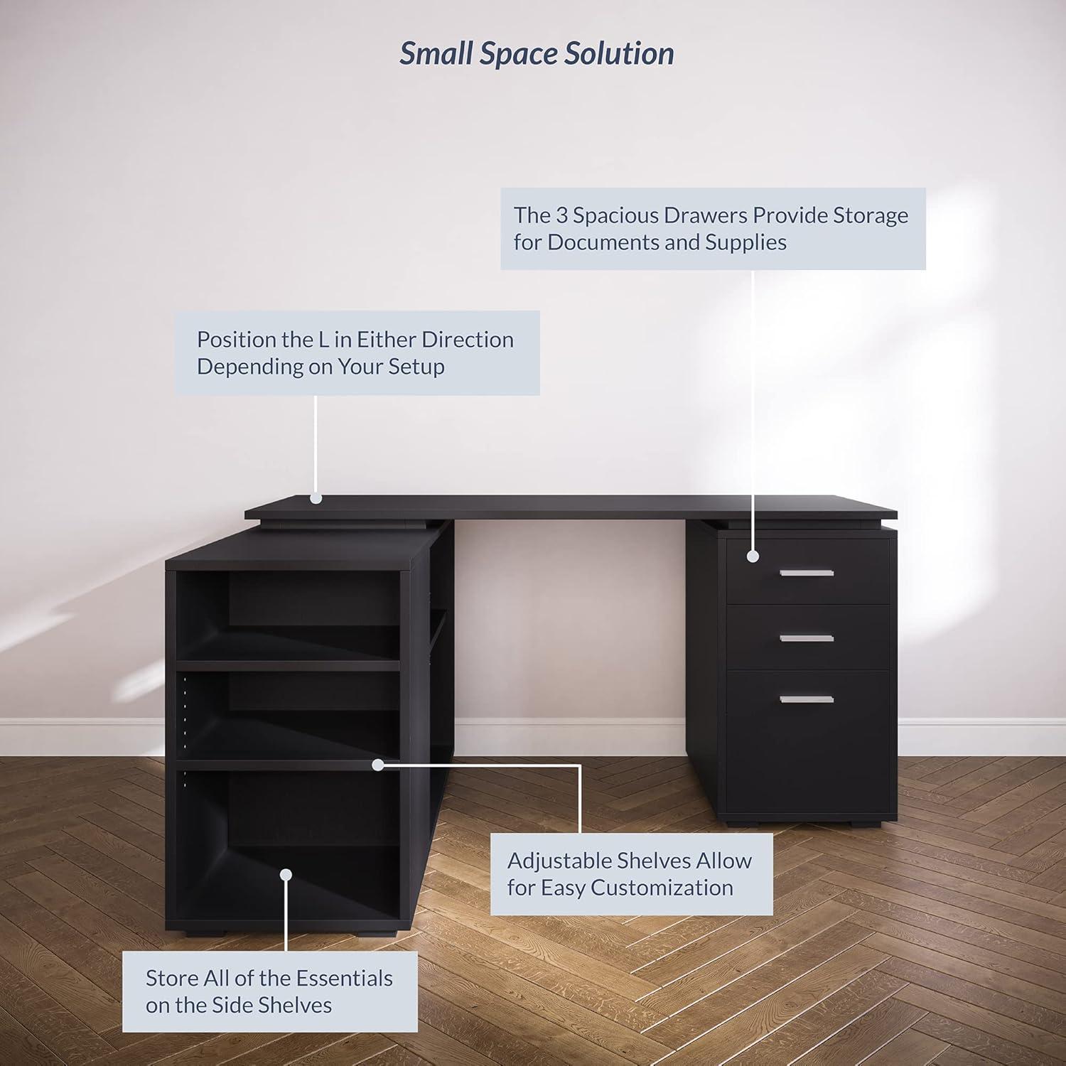 Black Wood L-Shaped Corner Computer Desk with Drawer and Filing Cabinet