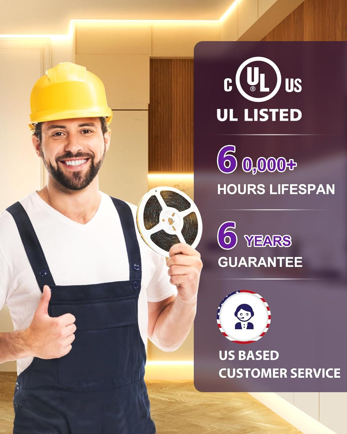 HitLights COB LED Strip Lights Warm White 3000K, 16.4ft Premium 12V Tape Light High Density, 2400 LEDs, 305+ LM/FT, CRI 90+, IP30, Lighting for Kitchen, Cabinets, UL Listed (Power Source Not Included)