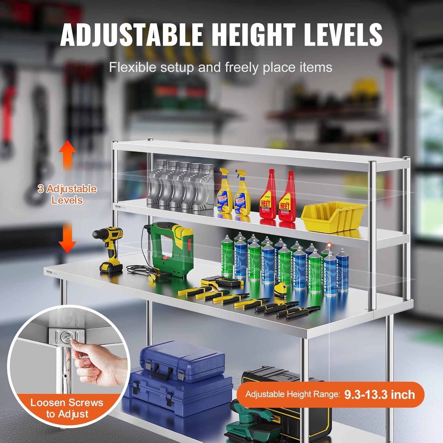 Adjustable Stainless Steel Double Tier Overshelf, 12 x 72 Inch