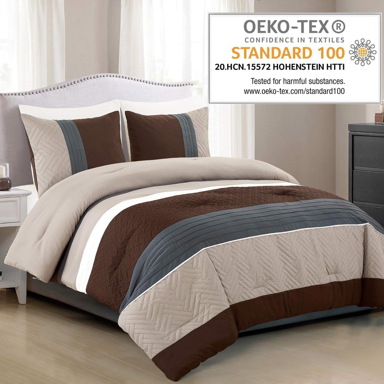 3 Piece Modern Design Queen Comforter Set. Multicolor Grey/Coffee Brown/Beige Taupe Color All Season Down Alternative Bedding Decor- Leni