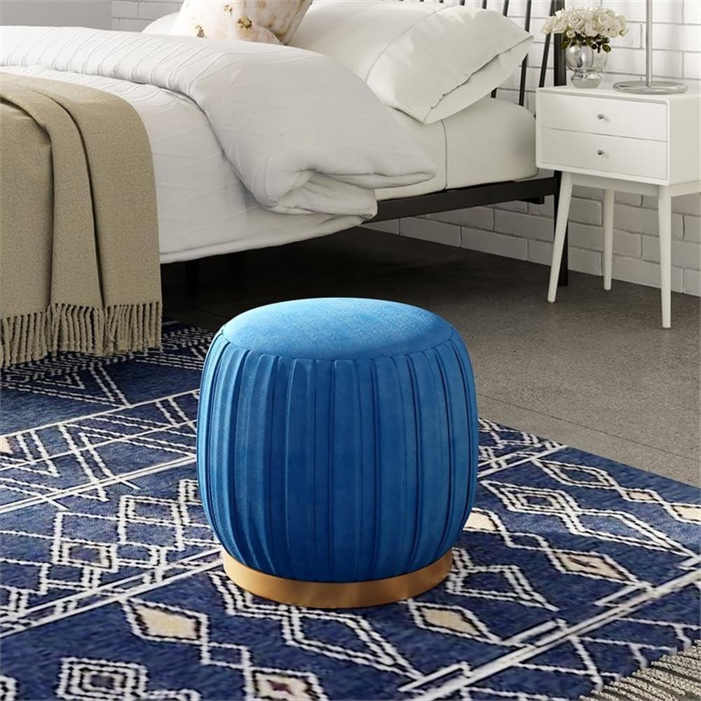 Navy Blue Velvet Tufted Round Ottoman with Gold Base