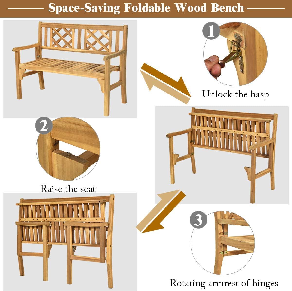 Lorelia Outdoor Bench, Patio Wooden Bench, 4 Ft Foldable Acacia Wood Garden Bench, Outside Loveseat with Curved Backrest and Armrest, 705Lbs Weight Capacity, Park Bench for Outdoors, Porch, Balcony