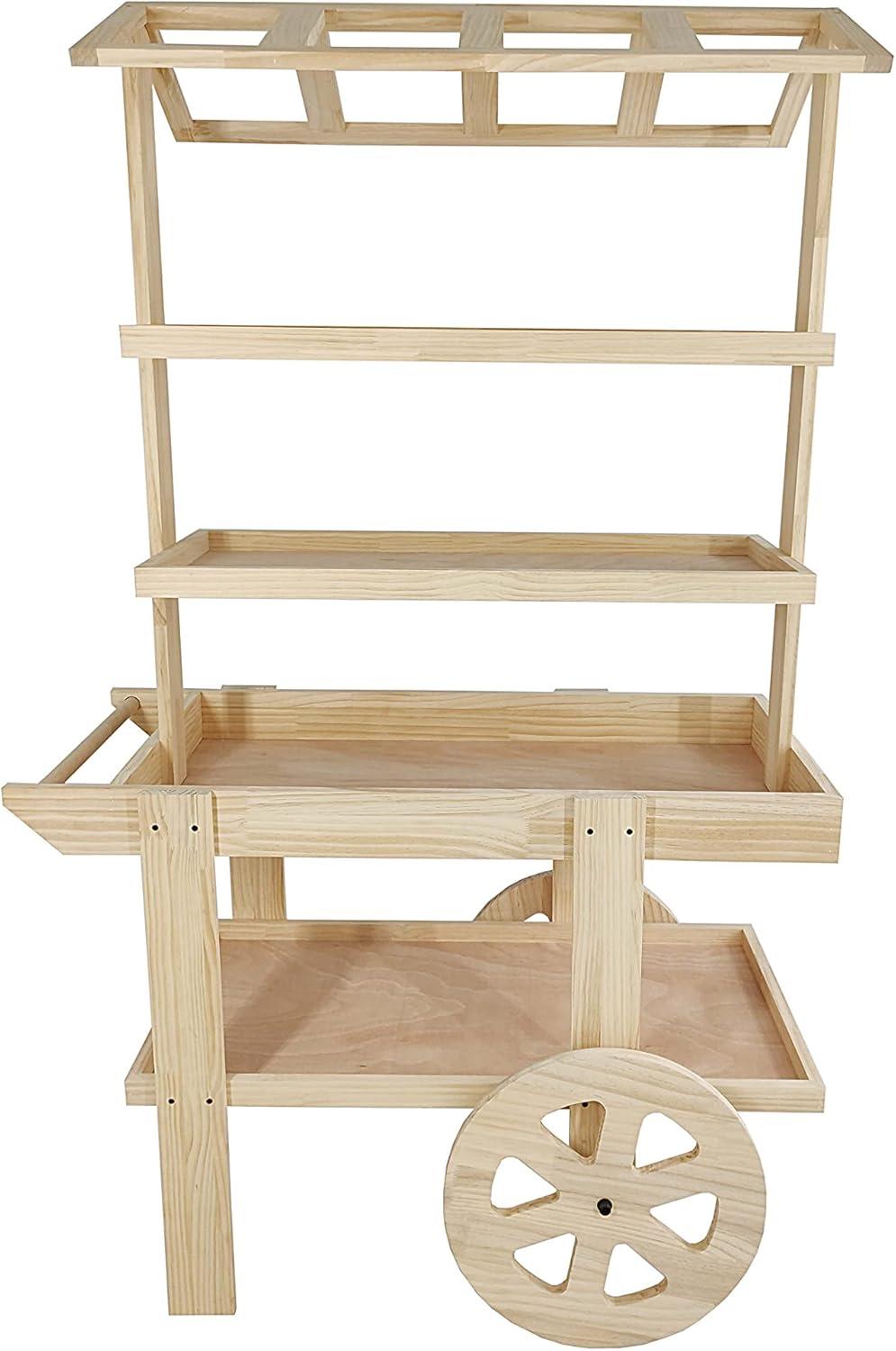 FixtureDisplays Flower Cart Vending Cart Farmers Market County Fair Wagon Wood Stall Stand Rolling Shelf Retail
