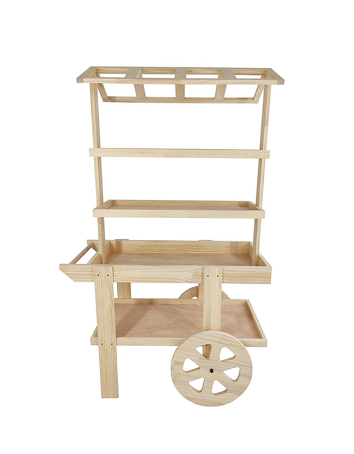FixtureDisplays Flower Cart Vending Cart Farmers Market County Fair Wagon Wood Stall Stand Rolling Shelf Retail