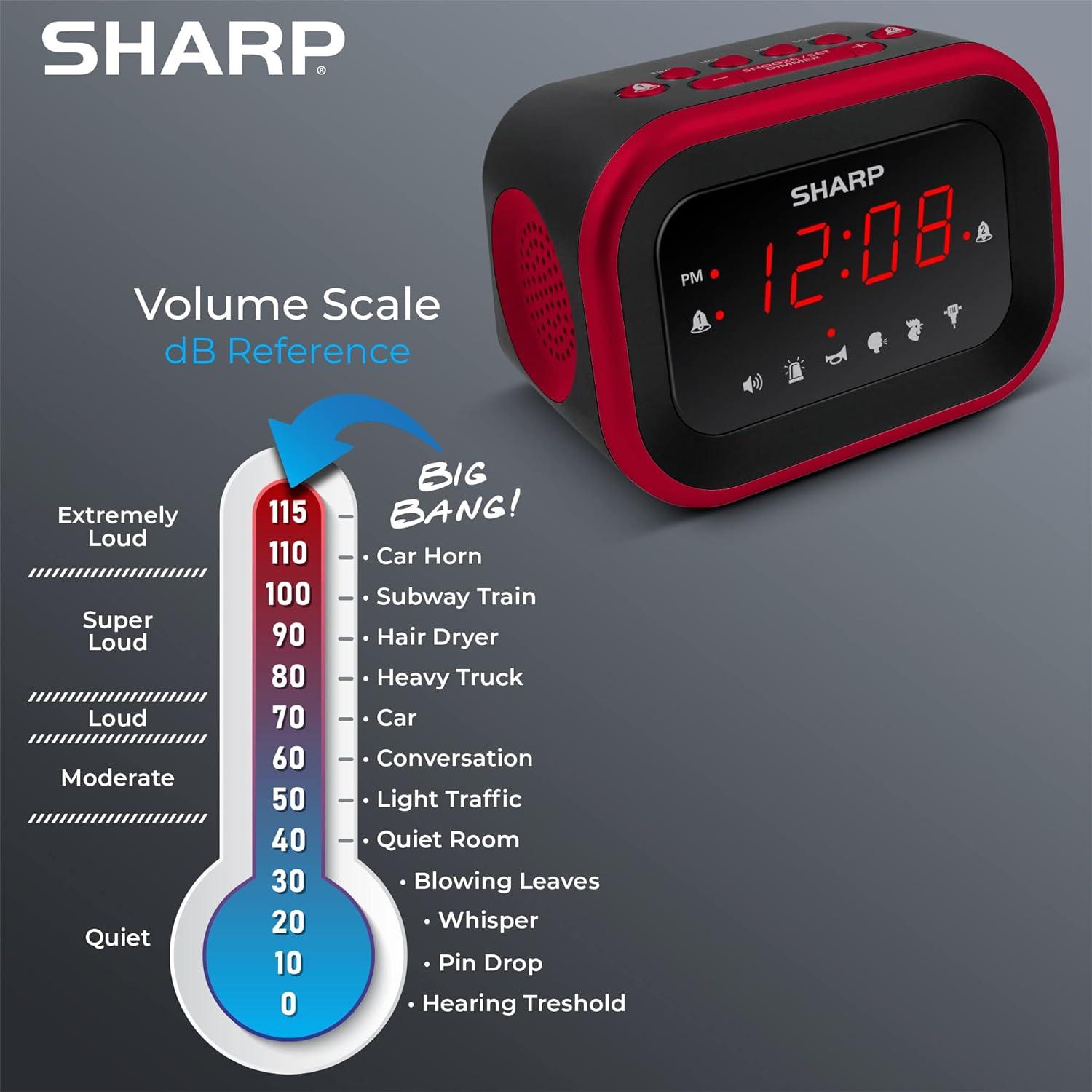 Sharp Super Loud Alarm Clock for Heavy Sleepers, 6 Extremely Loud Wake Up Sounds - up to 115db Volume