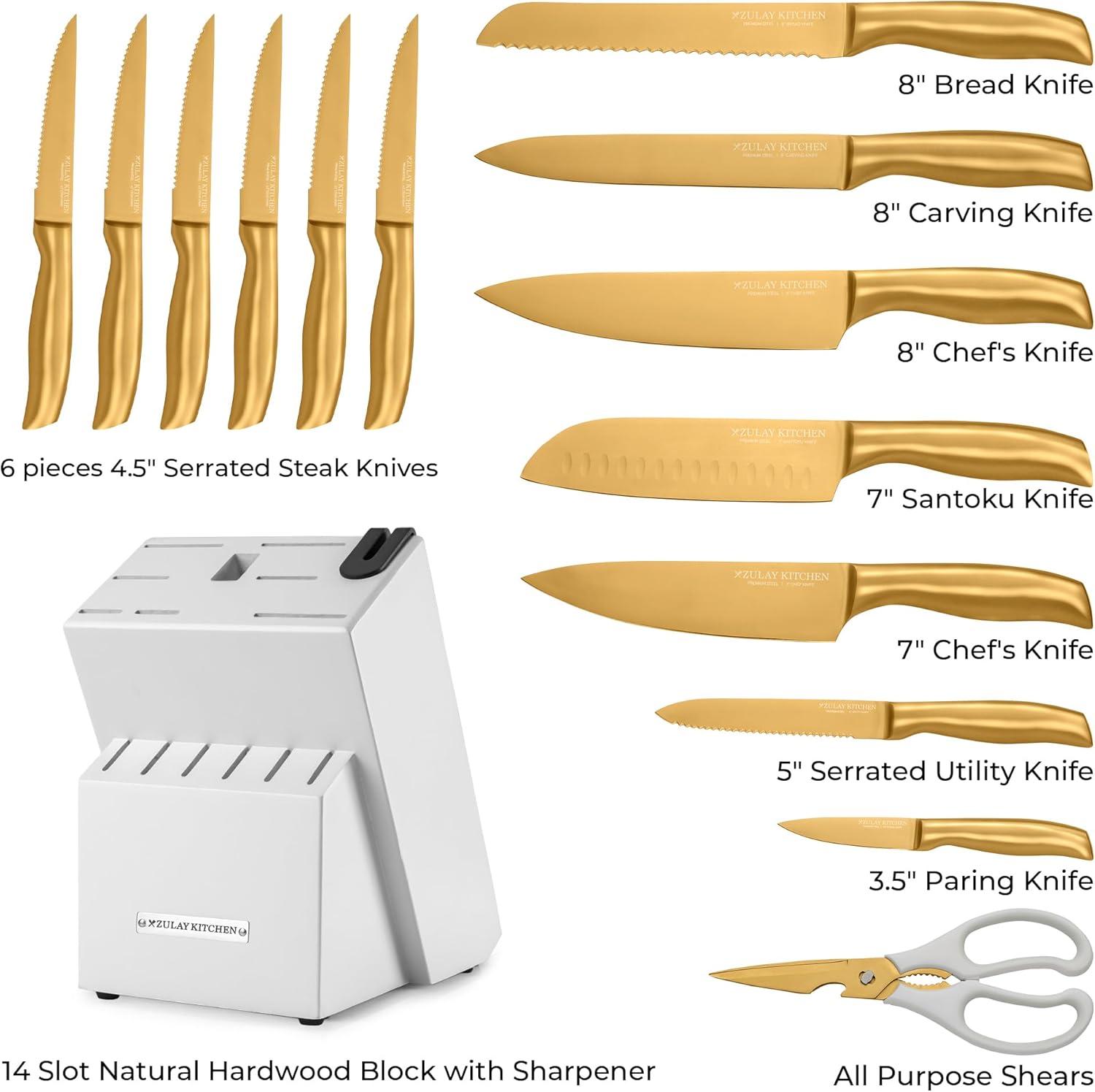 Gold and White 15-Piece Stainless Steel Knife Set with Block