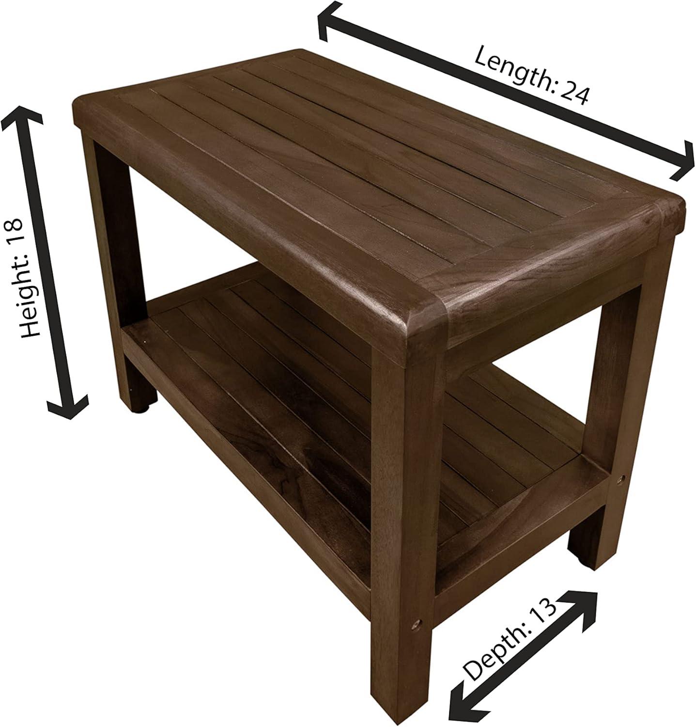 24" Brown Teak Shower Bench with Shelf