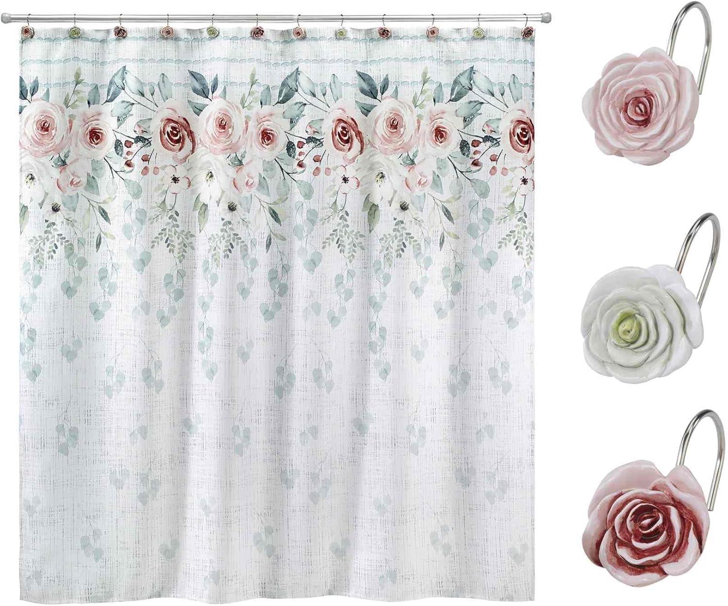 Floral Shower Curtain with Hooks Included