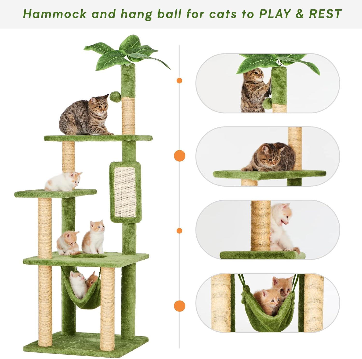 55'' Green Multi-Level Cat Tree with Hammock and Sisal Posts