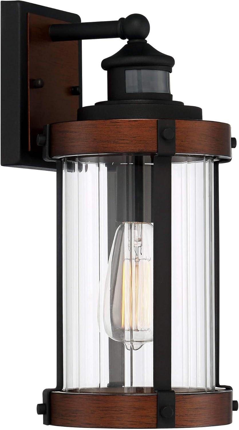 John Timberland Stan Industrial Outdoor Wall Light Fixture Dark Faux Wood Black Motion Sensor 15 1/2" Clear Glass for Post Exterior Barn Deck House