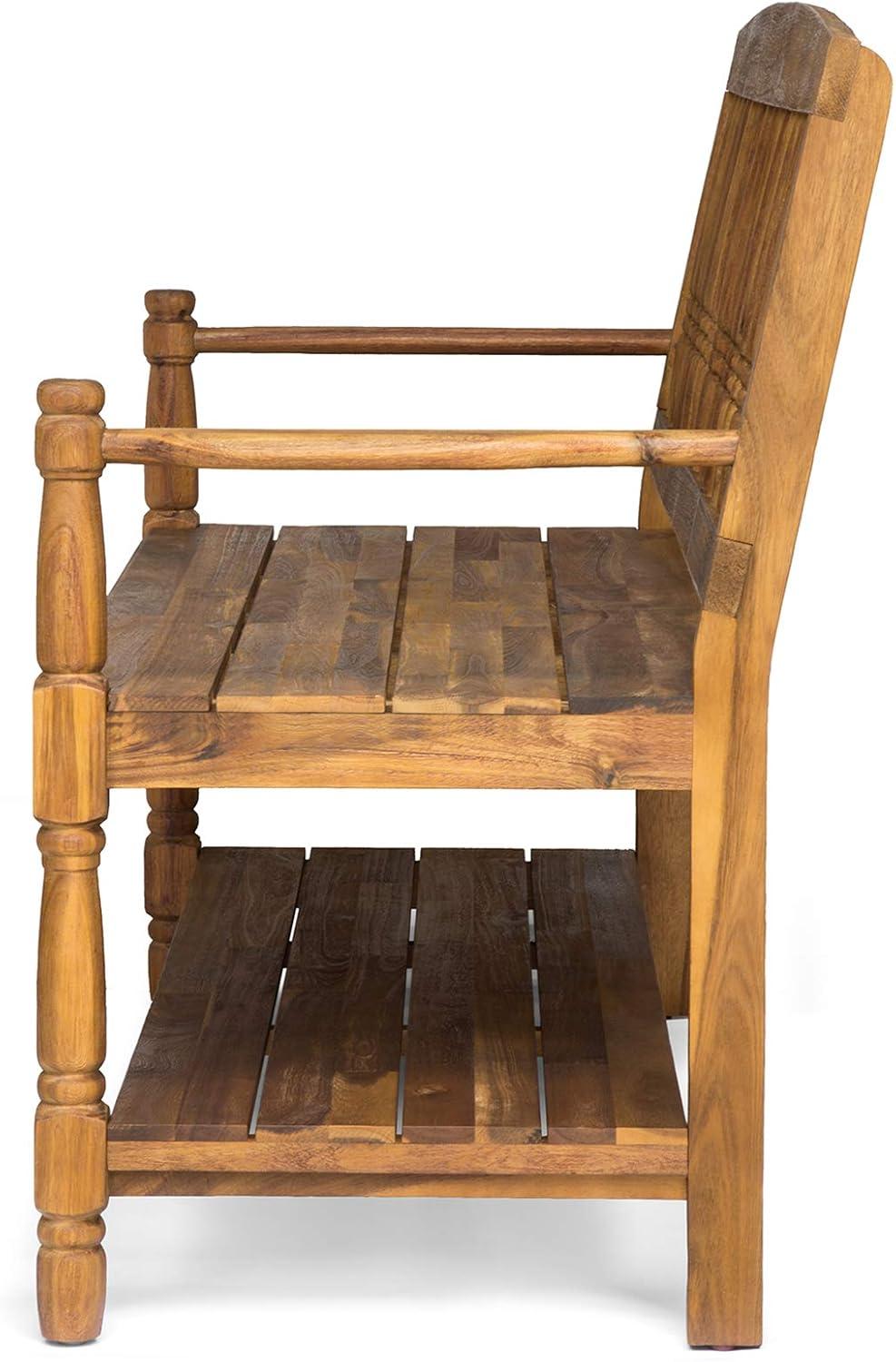 Eddie Teak Finish Farmhouse Acacia Wood Bench with Shelf