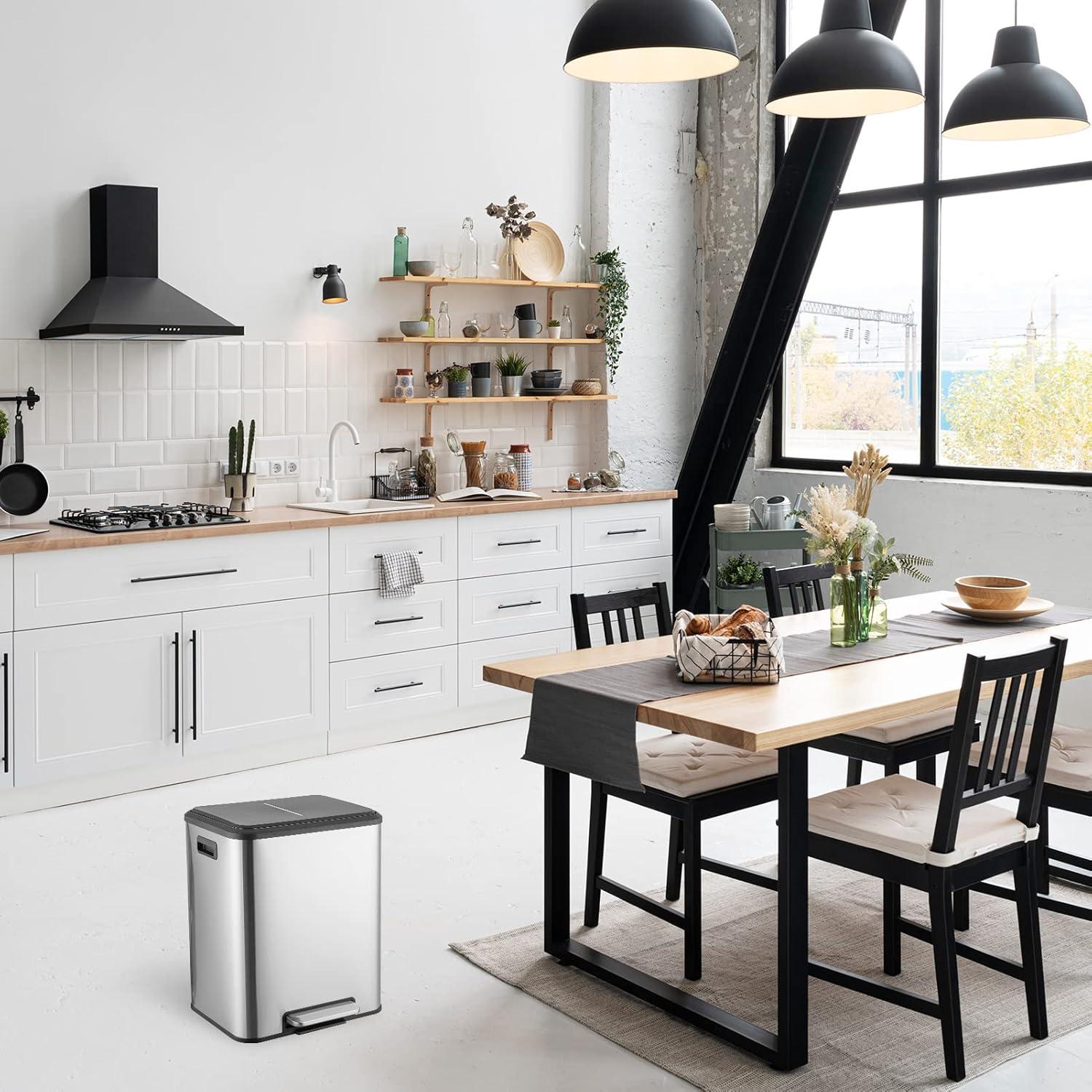 GlowSol Dual Trash Can for Recycling and Trash, Stainless Steel Kitchen Trash Can with Lid and Foot Pedal, Double Compartment Garbage Can, Trash Can with Recycling Bin (2 x 15 L)